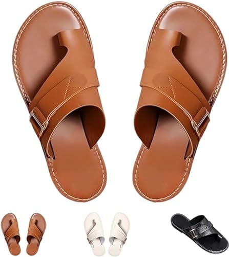 Eeiiey Flache Ledersandalen für Damen, elegante Sandalen mit offenem Zehenring, Schlaufenriemen, Slipper, Slipper, Flip-Flops, braun, 42 EU von Eeiiey