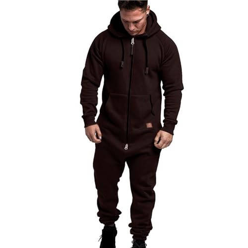 EflAl Herren Einteiler Mit Kapuze Übergroßer Overall Mit Reißverschluss, Strampler Lässig Einfarbig Einteilig Jogger Sweatsuit Nachtwäsche (Color : Brown, Size : S) von EflAl