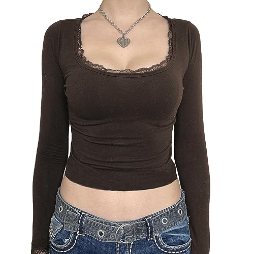 Damen Vintage Spitze Patchwork Shirt Y2k Square Neck Langarm Crop Top Slim Fit Basic Workout Tees Streetwear, dunkelbraun, Large Damen Vintage Spitze Patchwork Shirt Y2k Square Neck Langarm Crop Top Slim Fit Basic Workout Tees Streetwear, dunkelbraun, Large von Eghunooye