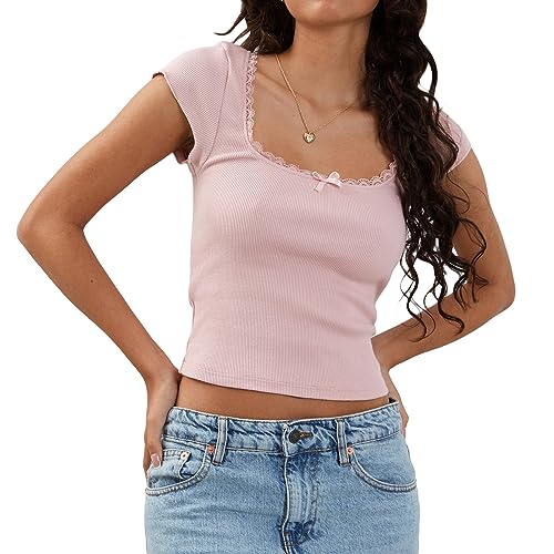 Damen Y2K Fairy Crop Top Cute Lace Patchwork Kurzarm T-Shirt Trendy Sommer Ästhetische T-Shirts Vintage Kleidung, Pink-b, Small von Eghunooye