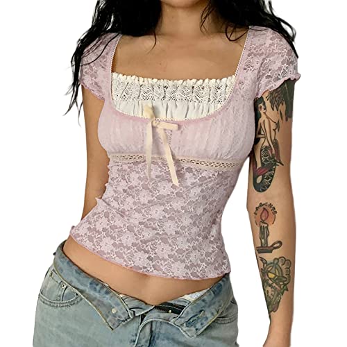 Damen Y2K Fairy Crop Top Cute Lace Patchwork Kurzarm T-Shirt Trendy Sommer Ästhetische T-Shirts Vintage Kleidung, rose, Small von Eghunooye