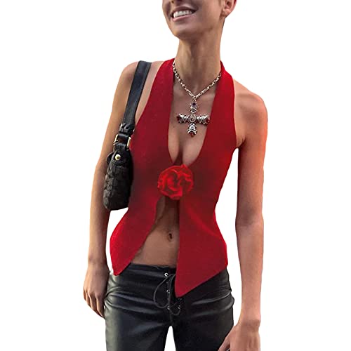 Eghunooye Damen Rückenfreies Neckholder-Tanktop mit V-Ausschnitt und Schnürung vorne Schlitz offener Rücken Cami Crop Top Ausgehen Party Streetwear, rot, Small von Eghunooye