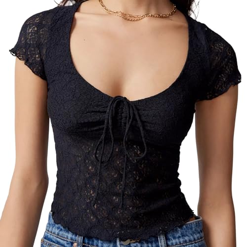 Eghunooye Damen Y2K Fairy Crop Top Cute Lace Patchwork Kurzarm T-Shirt Trendy Sommer Ästhetische T-Shirts Vintage Kleidung, Black-F, Small von Eghunooye