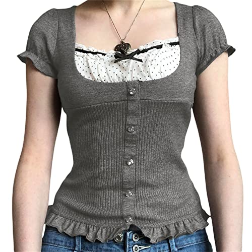 Eghunooye Damen Y2K Fairy Crop Top Cute Lace Patchwork Kurzarm T-Shirt Trendy Sommer Ästhetische T-Shirts Vintage Kleidung, Grau-j, Small von Eghunooye