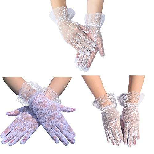 Egurs 3 Paar Kurze Spitzenhandschuhe Damen Elegante Spitzen Handschuhe Brauthandschuhe Braut Spitzen Lace Handschuhe Schwarze Weiße Blumen Handschuhe Hochzeitsfeier Zubehör Weiß 2# von Egurs