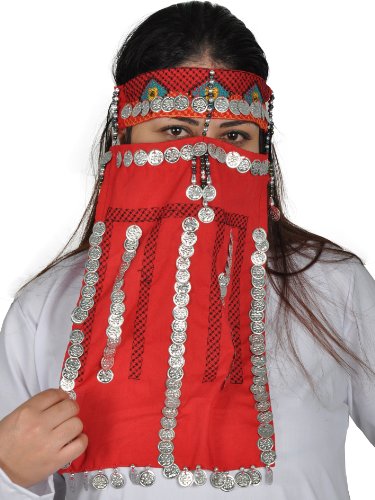 Arabische Beduinen-Maske Gesichtsschleier Folkloretanz-Schmuck Orient Fasching Karnevalsschmuck, rot/Silber von Egypt Bazar