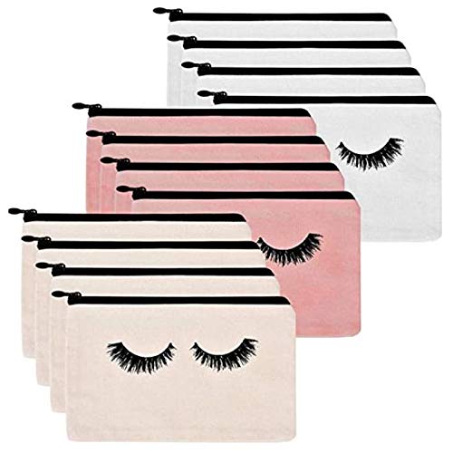 Eighosee 12 Stück Wimpern-Kosmetiktaschen Make-up-Taschen Reisetaschen Kulturbeutel mit Reißverschluss für Frauen Mädchen, Weiß, Beige und Rosa von Eighosee