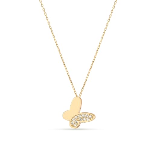 Einzelstück® Halskette mit Schmetterling Anhänger Farfalle Kette I 925 Sterling Silber 14K vergoldet I Silberkette mit Zirkonia Steinen I Antiallergen & nickelfrei (Gold) von Einzelstück