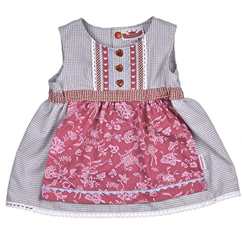 Dirndl Kleidchen, Süßer Einteiler, Angenähte Schürze, 100% Baumwolle, Farbe Grau Rosa, Tracht für fesche Mädchen in Größe 98/104 von Eisenherz