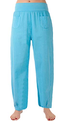 Eitex Damen Leinenhose Größe 36/38 bis Größe 50/52 aus 100% Leinen - leichte Sommerhose Tunnelbund mit Gummizug und 2 aufgesetzten Taschen vorne - weiter Schnitt (türkis, 48/50) von Eitex