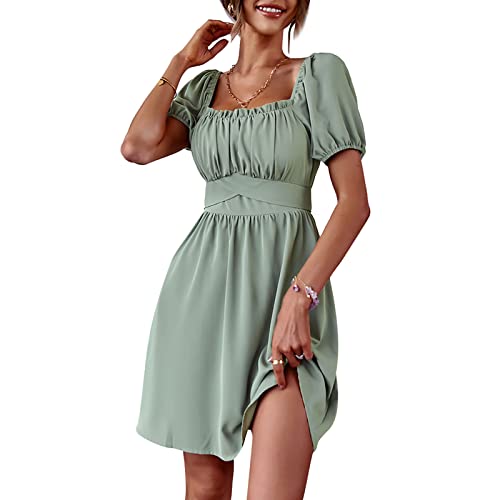 Damen Sommerkleid Krawattenkleid Rückenfreies Kleider Puffärmel A-Linie Quadratischer Ausschnitt Kurzes Elegantes Gekräuseltes Kurzes Kleid(S-Grün) von Ejoyous