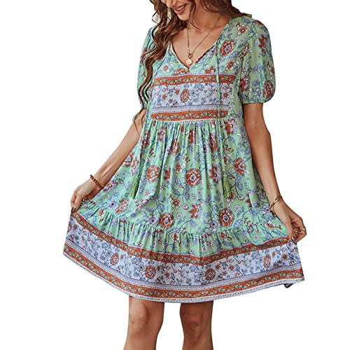 Ejoyous Damen Sommerkleid Kurzarm V-Ausschnitt Knielang, Blumenmuster Boho V-Ausschnitt(XL-Grün) von Ejoyous