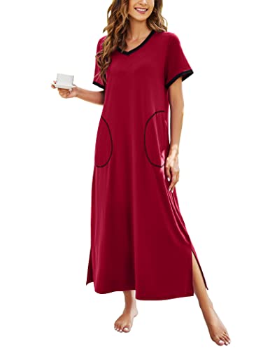 EKOUAER Damen Lounge Lange Nightgown Ultrasoft Nachtganzkörpernachtwäsche mit Tasche Mittel Weinrot EKOUAER Damen Lounge Lange Nightgown Ultrasoft Nachtganzkörpernachtwäsche mit Tasche Mittel Weinrot von Ekouaer