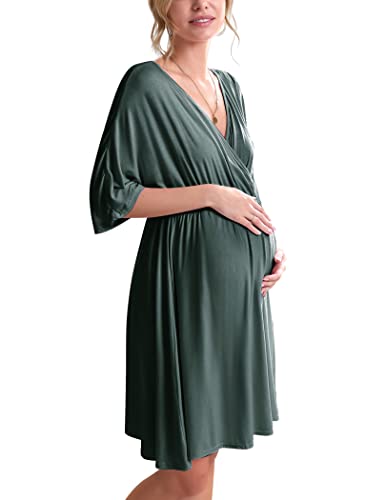 Ekouaer 3 in 1 Arbeits-/Liefer-/Krankenhauskleid, Umstandskleid, Stillnachthemd, Nachtwäsche zum Stillen, S-XXL, dunkelgrün, XX-Large von Ekouaer