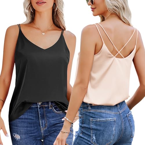 Ekouaer Unterhemden Silk Satin Cami V-Ausschnitt Ärmellose Damen Top Elegant Blusentop Leicht Tank Top, Schwarz+Champagner, S von Ekouaer