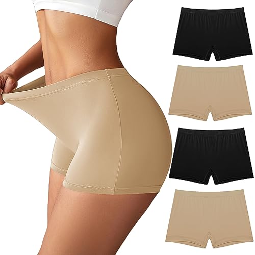 Ekouaer Boyshort Panties Damen Weiche Unterwäsche Slip Unsichtbar Hipster 3er Pack Nahtlose Boxershorts Panties S-XXL, Schwarz & Nude, 4er-Pack, M von Ekouaer