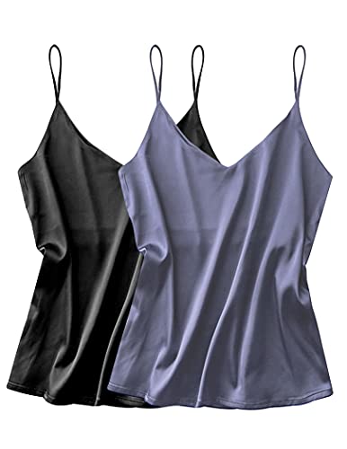 Ekouaer Damen 2 Pack Seide Tank Top Sexy V Ausschnitt Camisole Spaghetti Strap Cami Top Casual Sleeveless Shirts Blusen - - Groß von Ekouaer