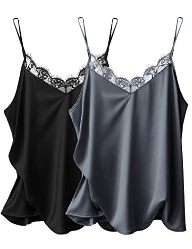 Ekouaer Damen 2 Stück Seidensatin Tank Top Spitze Cami Spaghettiträger Top V Ausschnitt Camisole, schwarz / grau, Mittel von Ekouaer