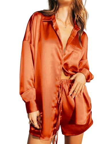 Ekouaer Damen 2-teiliges Satin-Outfit Langarm Passende Sets Baumwoll-Daunenhemd und Unterteil Set Casual Trainingsanzug Sweatsuits, Orange/Abendrot im Zickzackmuster (Sunset Chevron), Medium von Ekouaer