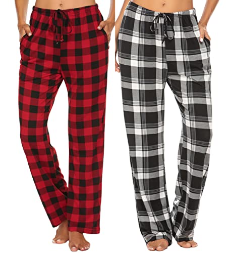 Ekouaer Damen 2er-Pack Loungehose bequeme Pyjamahose Plaid Pyjamahose mit Taschen Kordelzug Pyjamahose, 2 Pack-set 1, X-Large von Ekouaer