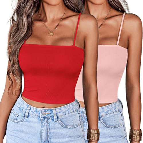 Ekouaer Damen 2 Stück Crop Camisole Top Spaghettiträger Tank Top Ärmellos Basic Cami Shirts Tube Tops, Rot + Pink, Mittel von Ekouaer