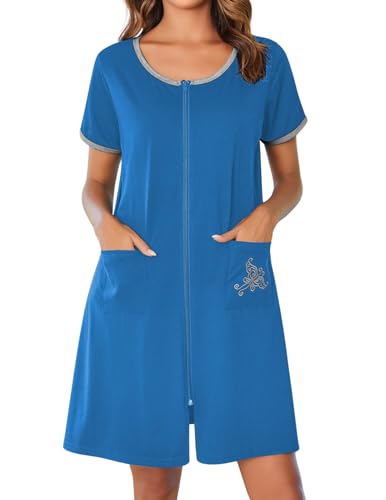 Ekouaer Damen-Bademantel mit Reißverschluss, kurze Ärmel, Reißverschluss, kurzes Nachthemd mit Taschen, A_deep Sky Blue, Large von Ekouaer