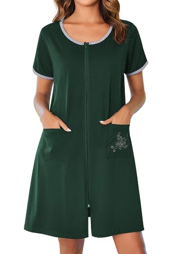 Ekouaer Bademäntel mit Reißverschluss für Damen, kurze Ärmel, Reißverschluss, Hausmantel, kurzer Bademantel, leichtes Nachthemd mit Taschen, S-3XL, Dunkelgrün, Small Ekouaer Bademäntel mit Reißverschluss für Damen, kurze Ärmel, Reißverschluss, Hausmantel, kurzer Bademantel, leichtes Nachthemd mit Taschen, S-3XL, Dunkelgrün, Small von Ekouaer