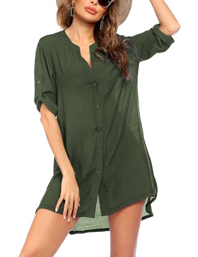 Ekouaer Damen Hemdkleid Strandkleid Frauen Badeanzug Strand vertuschen Shirt Bikini Beachwear Badeanzug Strandkleid Strandponcho Sommer Armeegrün XXXL von Ekouaer