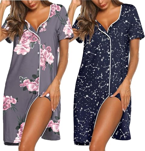 Ekouaer Damen Nachthemd Kurzarm Süß Nachtwäsche Negligees Schlafhemd Damen Baumwolle T-Shirt Sleepshirt Stillnachthemd XL Ekouaer Damen Nachthemd Kurzarm Süß Nachtwäsche Negligees Schlafhemd Damen Baumwolle T-Shirt Sleepshirt Stillnachthemd XL von Ekouaer