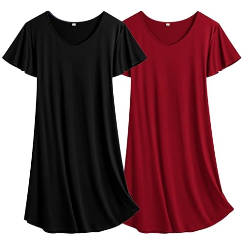 Ekouaer Damen Nachthemd Kurzarm Zweiteiliger Sleepshirt lustig Nachtwäsche Rot + Schwarz L von Ekouaer