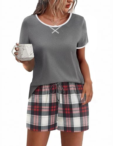 Ekouaer Damen Pyjama Set Schlafanzug Sommer Hausanzug für Frauen Kurzarm Sleepshirt XXL von Ekouaer