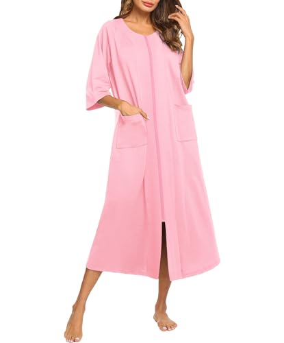 Ekouaer Damen-Hausmantel mit Reißverschluss, 3/4-Ärmel, Hauskleid, Loungewear, langes Nachthemd mit Taschen, Rosa, Large von Ekouaer