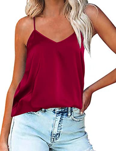 Ekouaer Damen Satin Tank Top Basic Cami Sommer Lässige Weste V-Ausschnitt Tiefrot S von Ekouaer