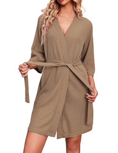 Ekouaer Damen Saunamantel Kurz mit 3/4 Ärmel Braut Morgenmantel Casual Nachthemd Sexy Kimono Kurz Cardigan Khaki XL von Ekouaer