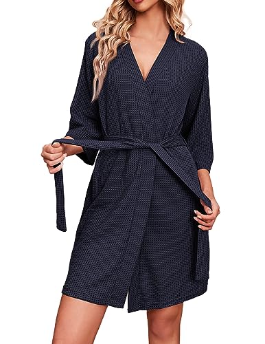 Ekouaer Damen Saunamantel Kurz mit 3/4 Ärmel Braut Morgenmantel Casual Nachthemd Sexy Kimono Kurz Cardigan Marineblau XL von Ekouaer