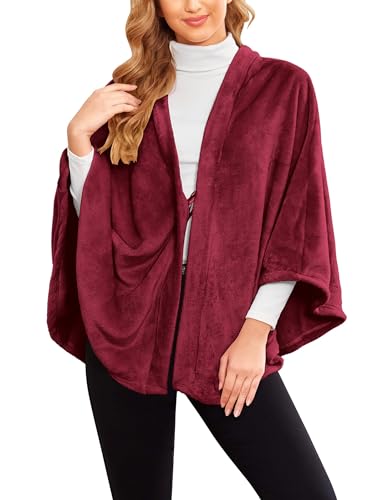 Ekouaer Damen Schal Flanell Faux Poncho Fleece Stole Winter Cape Cape Wrap Blanket, Weinrot S von Ekouaer