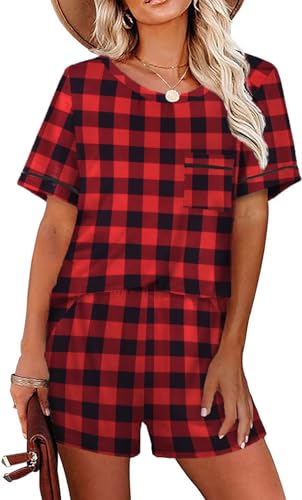 Ekouaer Shorty Pyjama Damen Schlafanzug Kurz Nachtwäsche Pyjamas Set Schlafanzüge Zweiteiliger Nachtwäsche Hausanzug, Plaid, M von Ekouaer