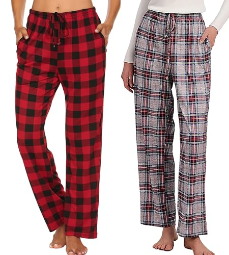 Ekouaer Damen Schlafanzughose Kariert Baumwolle Pyjamahose Nachtwäsche Lange Freizeit Hose mit Taschen und Kordelzug Yogahose Damen Lang Rot L von Ekouaer