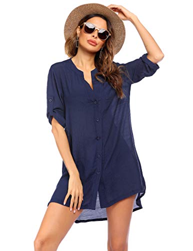 Ekouaer Damen Strandkleid Bikini Strandponcho Sommer Kaftan Strandkleid Bikini Cover Up Shirts Navyblau XL von Ekouaer