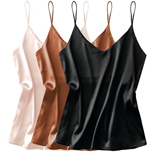 Ekouaer Damen Tanktop aus Seide, Satin, V-Ausschnitt, Camisole Cami, Spaghettiträger, lockere ärmellose Blusen, 3er-Pack, Khaki, Champagner, Schwarz, XX-Large von Ekouaer