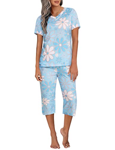Ekouaer 3/4 Pyjama Hose Dreiviertel Schlafanzug Damen Kurz Shorty Nachtwäsche Pyjama Set Schlafanzüge, Himmelblau, XL Ekouaer 3/4 Pyjama Hose Dreiviertel Schlafanzug Damen Kurz Shorty Nachtwäsche Pyjama Set Schlafanzüge, Himmelblau, XL von Ekouaer