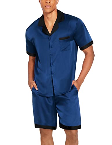 Ekouaer Herren Pyjama Schlafanzug Satin V-Ausschnitt Nachtwäsche Kurz Shorty Set mit Knöpfe Sommer, Blau, XL von Ekouaer