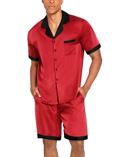 Ekouaer Herren Pyjama Schlafanzug Satin V-Ausschnitt Nachtwäsche Kurz Shorty Set mit Knöpfe Sommer, Rot, XL von Ekouaer