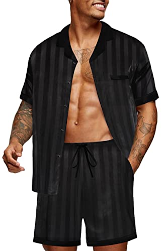 Ekouaer Herren Pyjama Schlafanzug Satin V-Ausschnitt Nachtwäsche Kurz Shorty Set mit Knöpfe Sommer, Schwarz-Gestreift, XL von Ekouaer