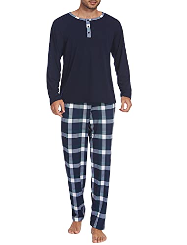 Ekouaer Herren Pyjama Set Herren Schlafanzug 2er Pack Regular Fit Pyjama Herren Schlafanzug Zweiteiliger Lang Schlafanzüge Nachtwäsche Langarm Shirt Loungewear Sleepwear Pjs Set Dunkelblau L von Ekouaer