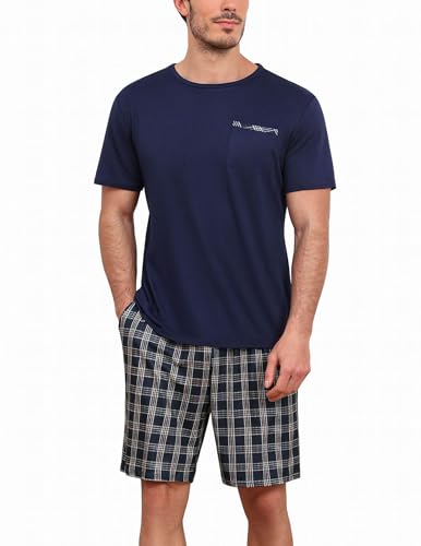 Ekouaer Herren Pyjama Set Kurzarm Nachtwäsche Schlafshorts Zweiteiliger Kurz Hose und T Shirt mit Brusttasche, Dunkelblau+Karierter, M von Ekouaer