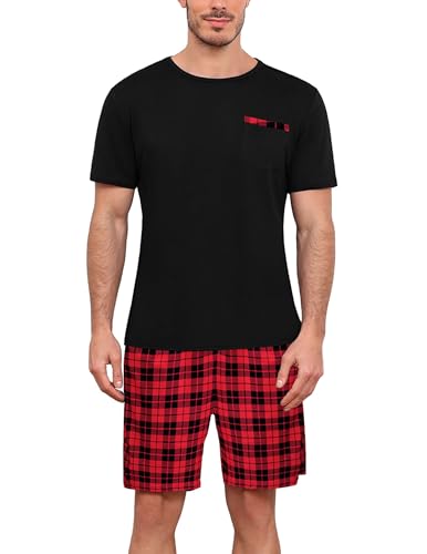 Ekouaer Herren Pyjama Set Kurzarm Nachtwäsche Schlafshorts Zweiteiliger Kurz Hose und T Shirt mit Brusttasche, Schwarz+Karierter, M von Ekouaer