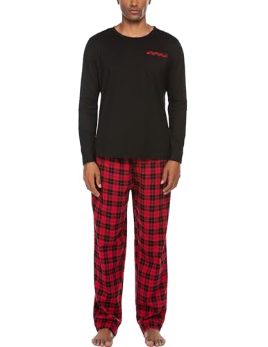 Ekouaer Herren Schlafanzug Lang Pyjama Baumwolle Langarm Shirt mit Tasche Pyjamahose Zweiteilig Set Nachtwäsche Schwarz XL von Ekouaer