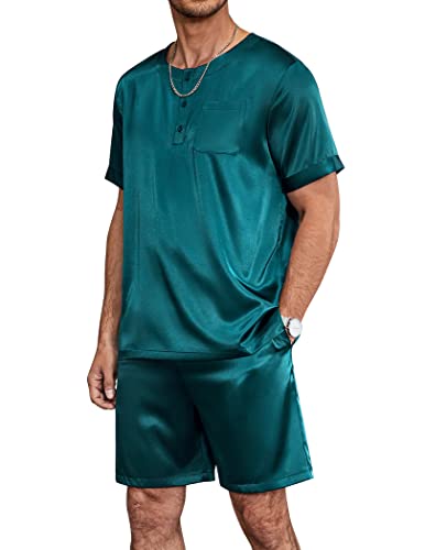 Ekouaer Herren Pyjamaset Kurz Schlafanzug Kurzarm Loungewear Satin Elegant Shorty Hose Seiden Pyjama Anzug, Grün, M von Ekouaer