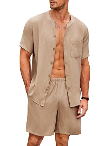 Ekouaer Herren Schlafanzug Kurz Pyjama Baumwolle Kurzarm T-Shirt Pyjamahose Zweiteilig Set Knopfleiste, Khaki, XXL von Ekouaer